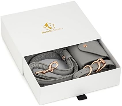 Matching Dog Walking Accessories (Small, Grey): 3 in 1 PU Leather Set with Adjustable Leash, Collar and Essentials Bag for Poop Bags, Keys, Treats and Cards in Gift Box - Walk Your Dog in Style