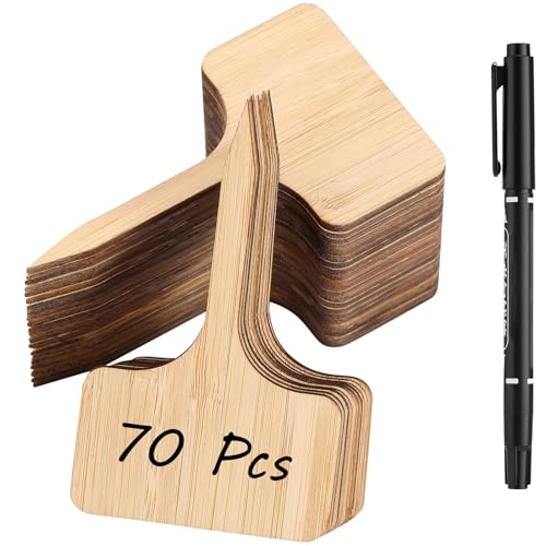 70Pcs Bamboo Plant Labels with 1 Marker Pen, T-Type Natural Seedling Nursery Sign Tags, Wood Garden Markers Decorative Patio Tags for Outdoor Indoor Potted Plants Herbs Flowers Vegetables