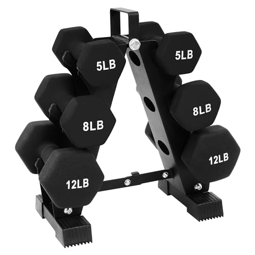 BalanceFrom Neoprene Coated Iron Dumbbell Hex Weights Set with Stand – Color-Coded or Black Options with Non-Slip Grip for Strength Training, Resistance Workouts, and Home Gym Fitness