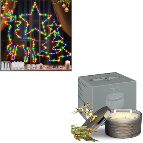 3 Pcs Christmas Window Lights, 132 LEDs Hanging Christams Window Decoration Light with Timer Function, Scented Candles Soy Wax Candle, 10.58oz 3 Wick Candle for Home Scented, Highly Scented Candles Cover
