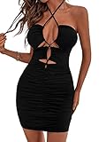 DIDK Damen Ohne Ärmel Mini Kleid Neckholder Kleider Cut Outs Partykleid Clubkleid Kreuzgurt Bodycon Freizeitkleid mit Rüschen Schwarz M