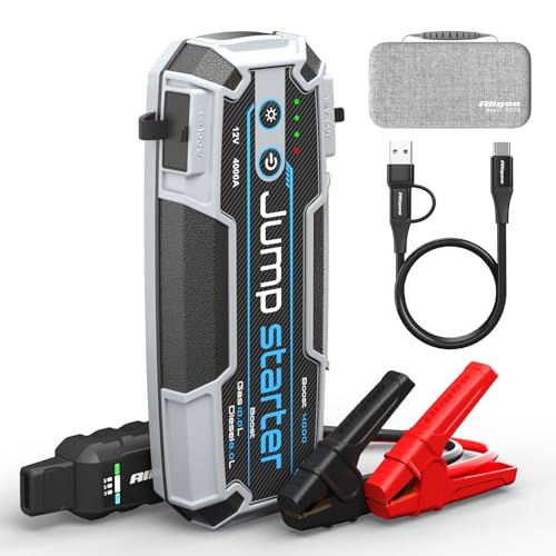 Aligoo Car Jump Starter Leather Texture Shell PD100W Power Bank IP67 Portable Car Jumper 12V 4000A Peak 10L Gas/8L Diesel 10 Protect Smart Clamps 88.8Wh Magnetic Hook LED for Phone/I pad/Truck/Outdoor