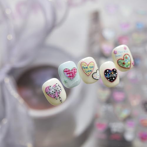 Image of Colorful Heart Nail Stickers - Love Lettering & Bow Design 5D Sparkle Self Adhesive Nails Decals for Women Cute Manicure DIY Decoration (1 Sheet)