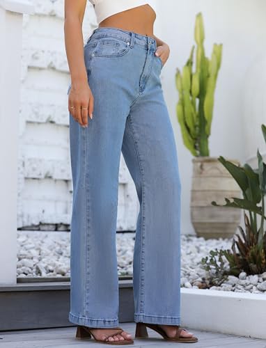 Image of ETTELO Women's Jeans Mid Waisted Straight Leg Loose Stretchy Lightweight Tummy Control Trendy Jeans for Women 2023