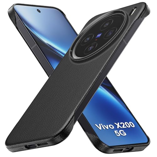 Image of TheGiftKart Hybrid Ultimate Slim Back Case Cover for Vivo X200 5G | Lightweight Profile | Hard Back Case Cover for Vivo X200 5G (PC & TPU, Metal Camera Ring, Leather Texture Finish, Black)
