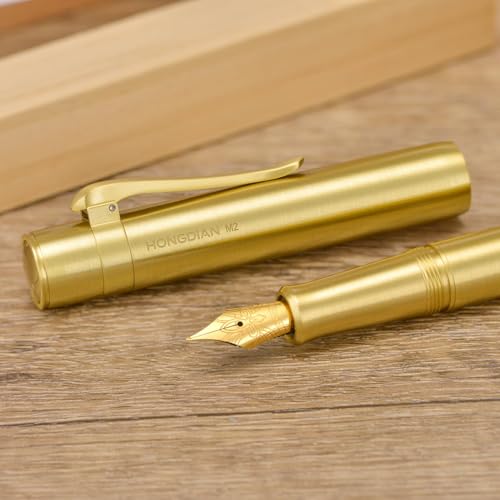 Image of Hongdian M2 Mini Brass Fountain Pen with Bent Nib, Sleek Shape Short Pocket Travel Pen (Glossy Brass)