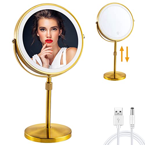 8" Makeup Mirror With 3 Led Lights, 10X Magnifying Mirror With Adjustable Height,Touch Control, Lighted Vanity Mirror With Magnification,Countertop Mirror For Teenage Girls Gift, Brushed Gold #TOP12
