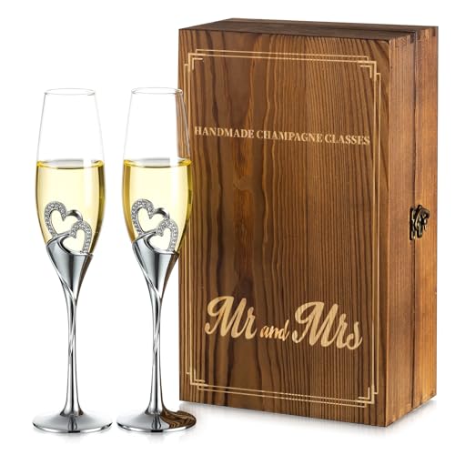 Nuptio Regalo Matrimonio Bicchieri Champagne: Set di 2 Calici Prosecco - 25 Anni Matrimonio Regali - Argento Flute Vetro