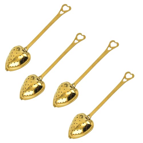 Lot de 4 cuillères à thé génériques - En acier inoxydable - Avec poignée en forme de cœur - Passoire à thé pliable - Doré