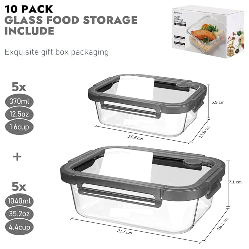 10-Pack Glass Food Storage Containers with Tempered Lids – Borosilicate, Airtight, Oven-Safe (-4°F~950°F), BPA-Free, 4.4 & 1.6 Cup, Leak-Proof, Dishwasher Safe (Gray) - Image 3