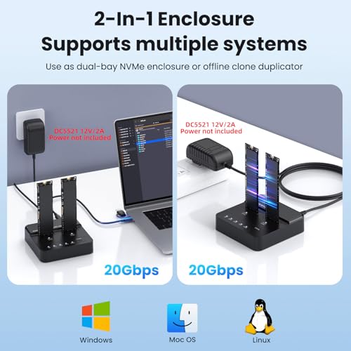 Duplicador Vertical Cloner Dual-Bay NVME M.2 a USB-C 20Gbps miniatura 4