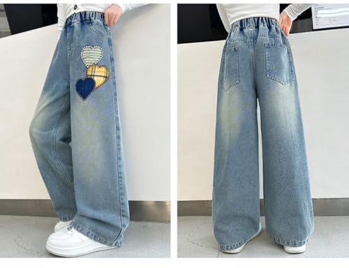 Y2K Cute Baggy Heart Print Jeans for Girls Kids High Waisted Straight Wide Leg Elastic Waist Pull On Jean Pants 8-14 Years2
