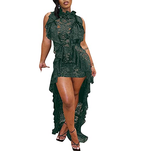 Womens Sexy Lace High Low Ruffle Dress See-Through Sleeveless Bodycon Party Cocktail Trailing Maxi Dresses Green