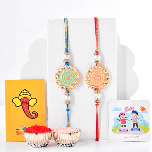 Image of CraftVatika Rakhi Set of 2 for Brother, Floral Kundan Designer rakhi Combo For Brother Bhaiya Bhabhi Raksha Bandhan Gift Band with Fridge Magnet Bracelet Stone Rakhis