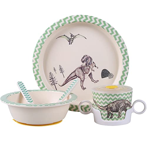 Greentainer 5 Pc Kids Toddler Dinnerware Sets Bamboo Toddlers Dishes Set Kids Feeding Plates And Bowls Sets With Sunction And Utensil Flatware Durable & Bpa Free #TOP6