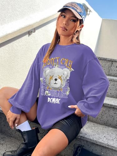 Image of CHKOKKO Oversized Round Neck Drop Shoulder Printed Polyester Full Sleeves T-Shirt for Women