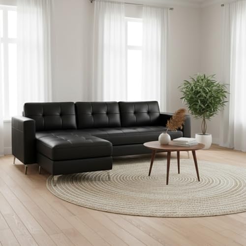 CASASTYLE Creamoy 3 Seater Leatherette Sofa Set with Extra Ottoman (Black) Premium Finish | Durable & Comfortable | Ideal for Living Rooms