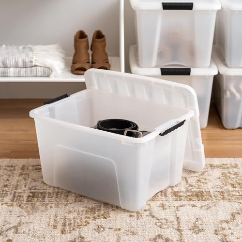 Image of IRIS USA 40 Qt Stackable Plastic Storage Bins with Lids, 4 Pack - BPA-Free, Made in USA - Discreet Organizing Solution, Latches, Durable Nestable Containers, Secure Pull Handle - Pearl