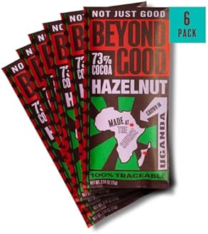 Beyond Good 73% Cocoa Dark Chocolate with Hazelnuts | 6 Pack - Chocolate Bars | Direct Trade, Vegan, Kosher, Non-GMO | Single Origin Ugandan Chocolate
