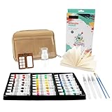 Bibiventa Mini Watercolor Paint Set, 24 Color Mini Watercolor Travel Set with 8-Grid Walnut Wood Palette, Portable Watercolor Kit with Zipper Case, Sketchbook & Brush, All-in-One Art Gift
