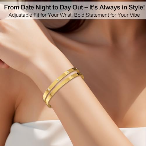 AICase 18 K Gold Plated Love Bangle Bracelet Dupes Sets(Gold/Rose Gold/Silver) Stack Wide Wristband Bangle Nail Friendship Bracelet Birthday Lovely Trendy Jewelry Gifts for Women MoM Besties2