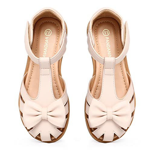 Pandaninjia Vicky Girls Sandals Toddler/Little Kid Closed-Toe T Strap Flats Dress Sandals Summer Shoes (Beige Pu, 7 M Us Toddler) #TOP4