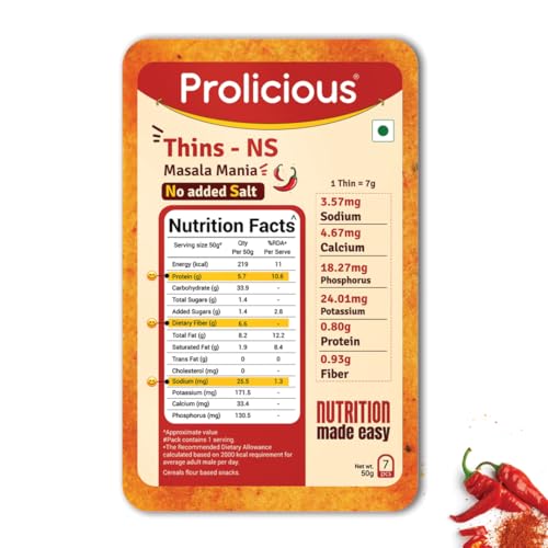Image of Prolicious High Protein High Fiber No Salt Masala Mania Thins| No Plam Oil | Saltfree | Ideal for weightloss & PCOS | Healthy Snack | Single Pack 50g