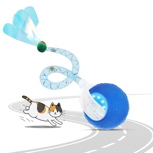 Petrendy Interactive Cat Toys for Indoor Cats, Automatic Cat Ball Toy with Mesh Elastic Tail, Moving Kitten Toys for Bored Indoor Adult Cats, Chirping & Motion Activated