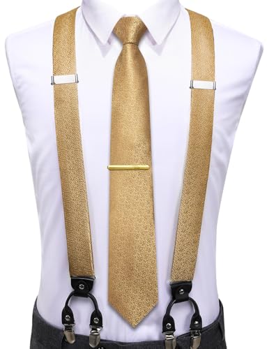 Image of Hi-Tie Men's Suspenders and Tie Set Silk Adjustable Elastic Y Braces with Strong 6 Clips Pocket Square Set