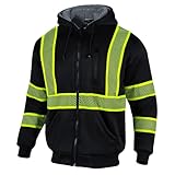 Drizomo High Visibility Sherpa Fleece Hoodie for Men Safety Reflective Sweatshirt ANSI Class 1 Hi Vis Jacket with Zipper(Black,S)