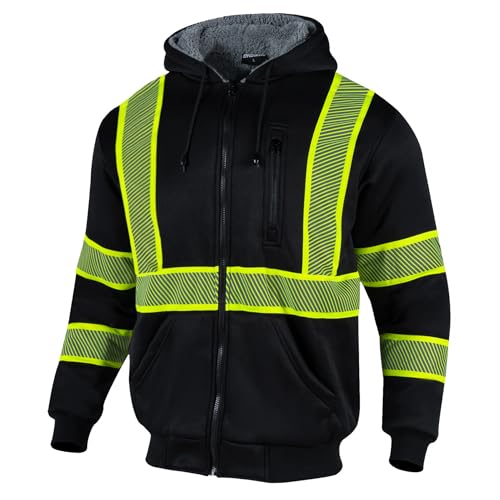 Drizomo High Visibility Sherpa Fleece Hoodie for Men Safety Reflective Sweatshirt ANSI Class 3 Hi Vis Jacket with Zipper