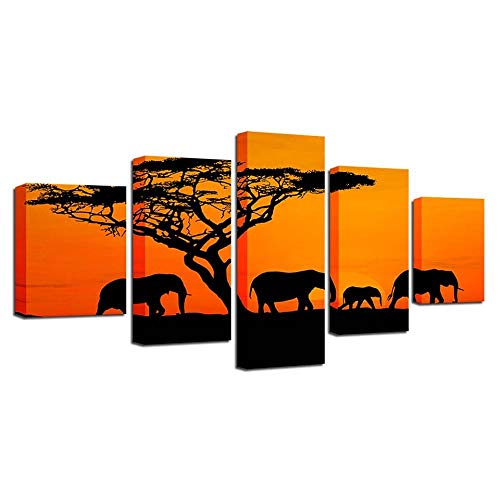 Tableau éléphants coucher du soleil 5 pièces deco murale salon et chambre d enfant moderne