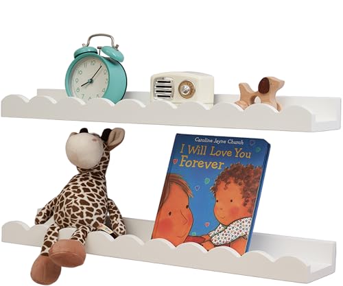 Image of Conamily Nursery Book Shelves, Scalloped Floating Shelves 24inch Set of 2 Solid Pine Wood Wall Mounted Bookshelf with Wave Lip for Bedroom Kids, Toddler Room, Baby Room