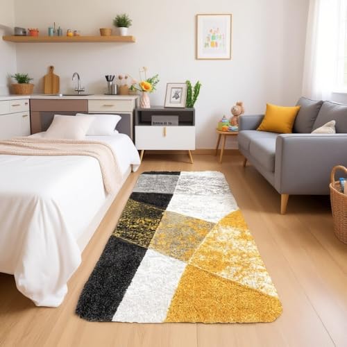 Image of Naze Carpet for Hallway, Kitchen, and Modern Interiors, Contemporary Color Block Area Rug - Cozy Shag Runner for Living Room, Entryway & Office Decor ETC Size 2x6 feet, Patten-Solid Yellow Mix
