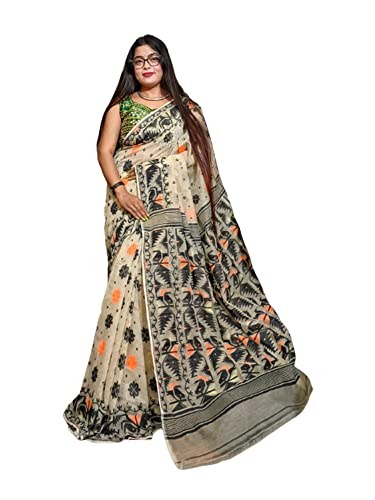 Sari Karat Dhakai Jamdani en coton indien crème 5,5 mètres motif Phulkari 926d