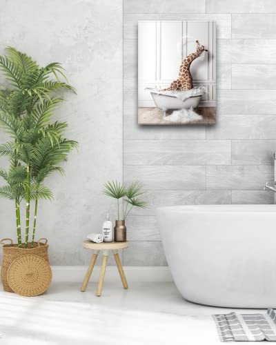 Ihery Funny Bathroom Wall Art Decor, Waterproof 12X16In Quality Cute Canvas Wall Art Pictures, Wood Framed Funny Color Giraffe Bathing Animals Abstract Prints For Bedroom Kids Room 1 Pack #TOP4
