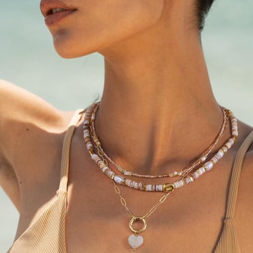KissYan Beaded Necklaces for Women, 14K Gold Plated Layered Paperclip Choker with Heart Pendant for Summer, Colorful Natural Gemstone Boho Handmade Beach Jewelry Gifts4