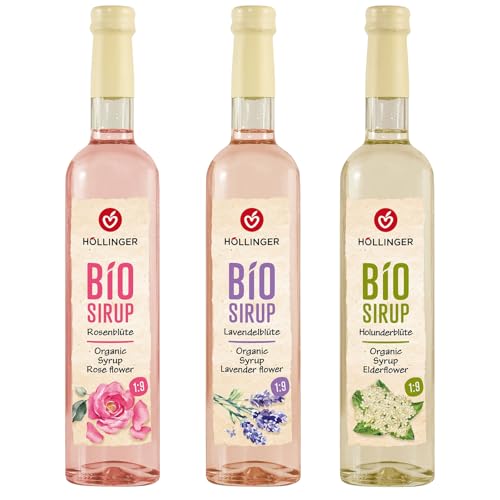 Höllinger Bio Blütensirup Set, Lavendelblüte, Rosenblüte, Holunderblüte, Vegan, 3 x 500ml, Getränkesirup ohne Konservierungsstoffe