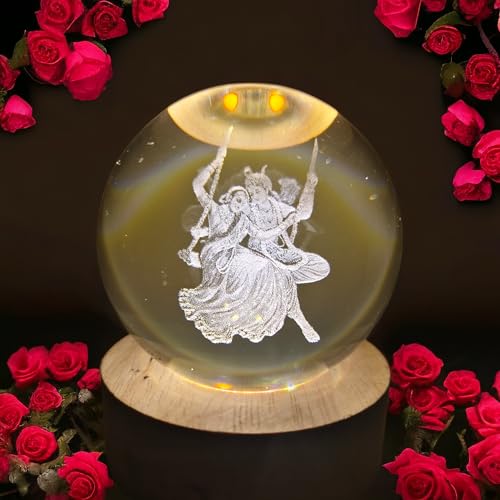 Image of ANTORCHE Radha Krishna Jhula 3D Crystal Ball Warm LED Night Lamp with Wooden Base | Spiritual Home Decor Light | Ideal Gift for Pooja Room, Bedroom & Festivals