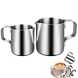 【Multifunción】: La jarra de leche puede ayudarlo de muchas maneras. Con nuestro espumador de leche premium, puede preparar la taza de espresso, chai latte o café verde perfectos. La herramienta profesional de lápiz latte art da forma al hermoso patrón de café.