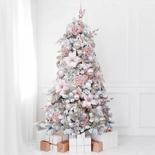 WBHome 5FT Pre-lit Artificial Christmas Tree with 200 Plug-in LED Lights and Ornaments Set Package, Rose Gold Themed Christmas Decorations