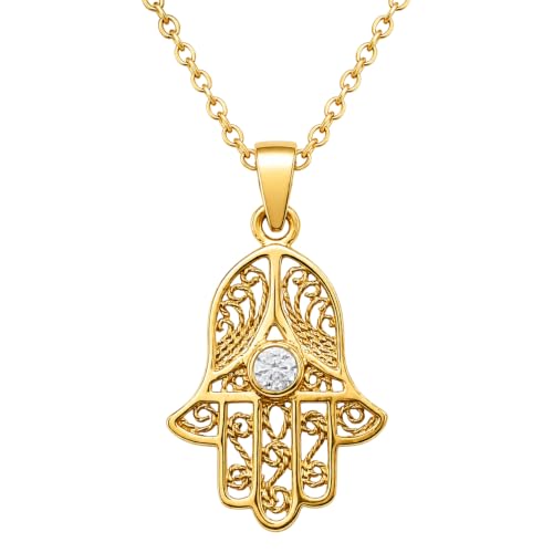 Collier Main de Fatma plaqué or femme avec pendentif en zircon blanc chaîne fine de 42cm