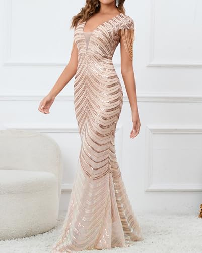 Image of houstil Formal Dresses for Women Sequin 1920s Full Length Evening Party Gown Great Gatsby Cocktail Wedding Dress