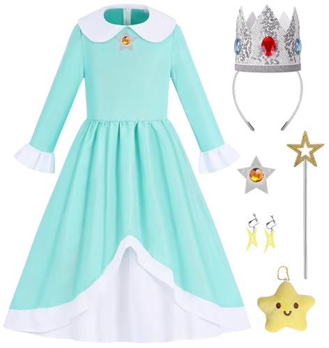 ABHOH Princess Rosalina Costume Kids Girls Star Galaxy Dress with Accessories Celestial Outfit Wand Crown Earrings Plush Set for Birthday Halloween Dress Up AB026L