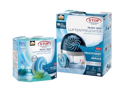 Pattex AERO 360º Luftentfeuchter, nachfüllbarer Raumentfeuchter, 1 Gerät inkl. 1 Nachfülltab (450g) & Pattex AERO 360° Frischer Wasserfall Tabs Nachfüllpack, 2er-Pack (2x450g)