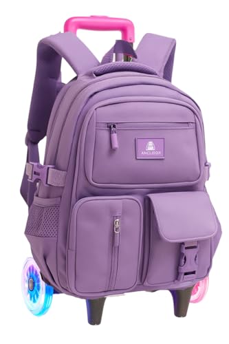 Mochila Escolar com Rodinhas LED, 3 Compartimentos, 4 Bolsos, Alça Dupla, resistente e regulagem de altura, Unisex (Lílas)