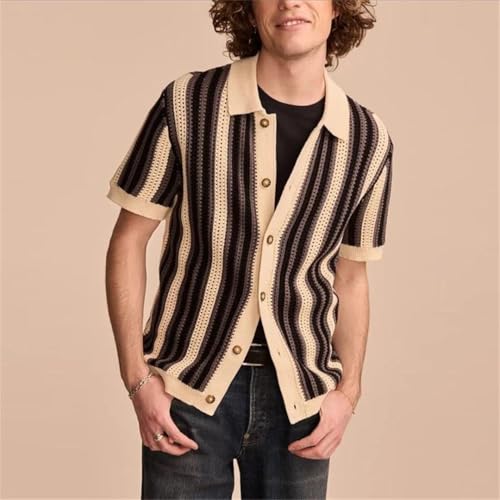 Men’S Slim Fit Hollow Out Striped Knitted Polo Cardigan Short Sleeve Button-Down Retro Streetwear Top2