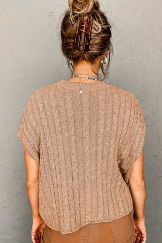 Women's Elegant Light French Beige Cable Knit Short Sleeve Sweater3