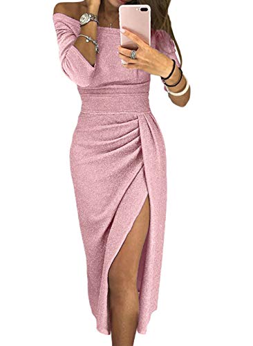 HUUSA Knitted Black Midi Dress for Womens 3/4 Sleeve Off Shoulder High Waist Slit Ruched Evening Party Wedding Dress S Pink