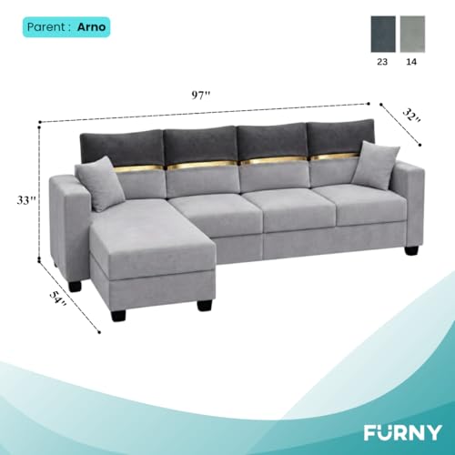 Image of Furny Arvea 5 Seater Fabric LHS L Shape Sofa Set (Light Grey-Dark Grey) | Soft Velvet Fabric | Modern Design | Comfortable Seating | Living Room Furniture